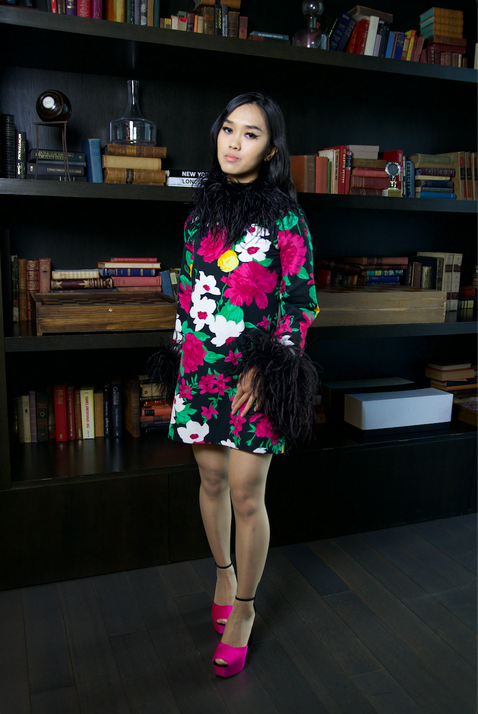 Saint Laurent Feather trim floral mini dress