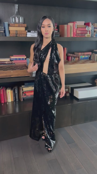 Saint Laurent sequined one shoulder gown